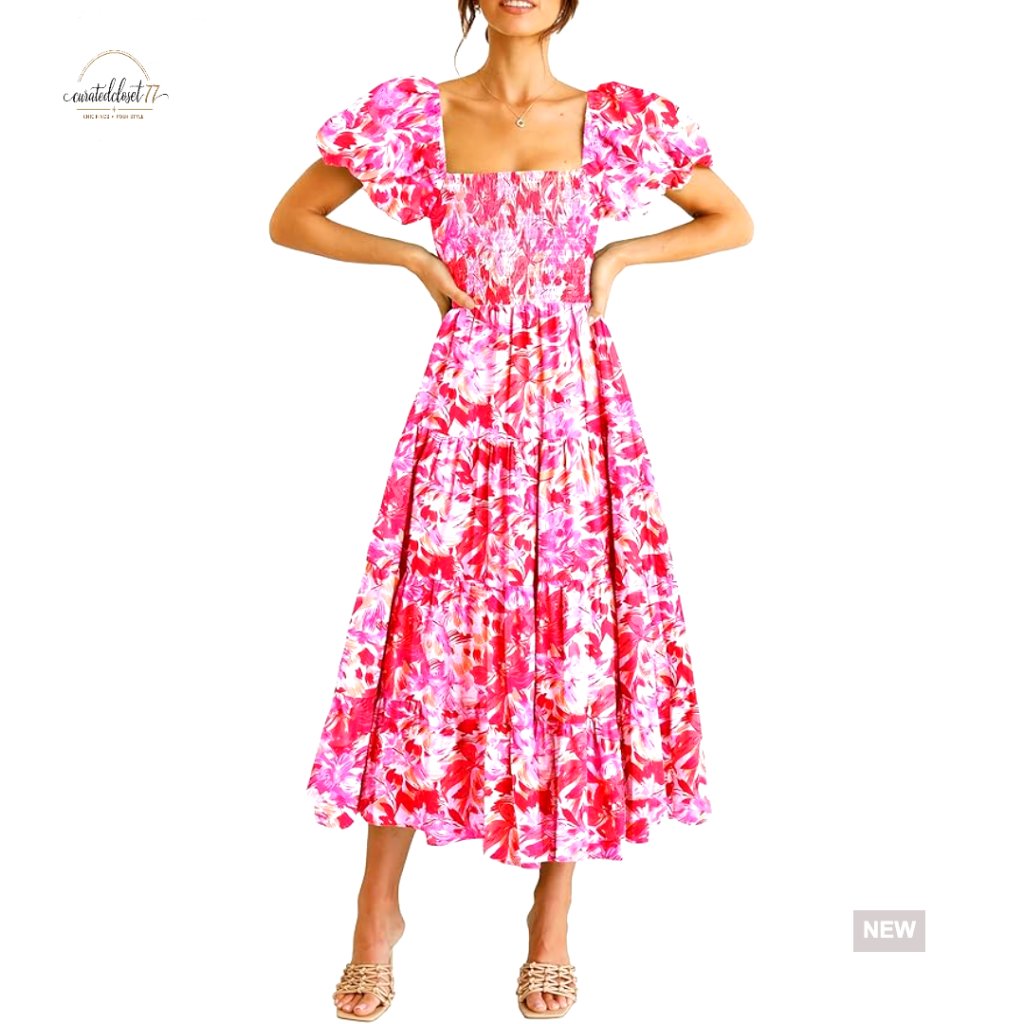 Women's Casual Summer Midi Dress Puffy Short Sleeve Square Neck Smocked Tiered